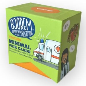 A green box of Bjorem Speech Publications "Voicing Minimal Pair Cards" featuring an ambulance illustration and speech bubbles on the side for "die" and "tie."