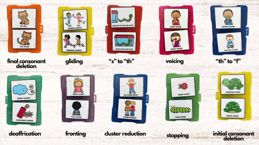 Ten small, colourful plastic containers arranged in two rows, each labelled with a linguistic term