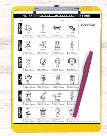 A yellow clipboard holds a printed "/k/ Facilitative Contexts Record Form,"