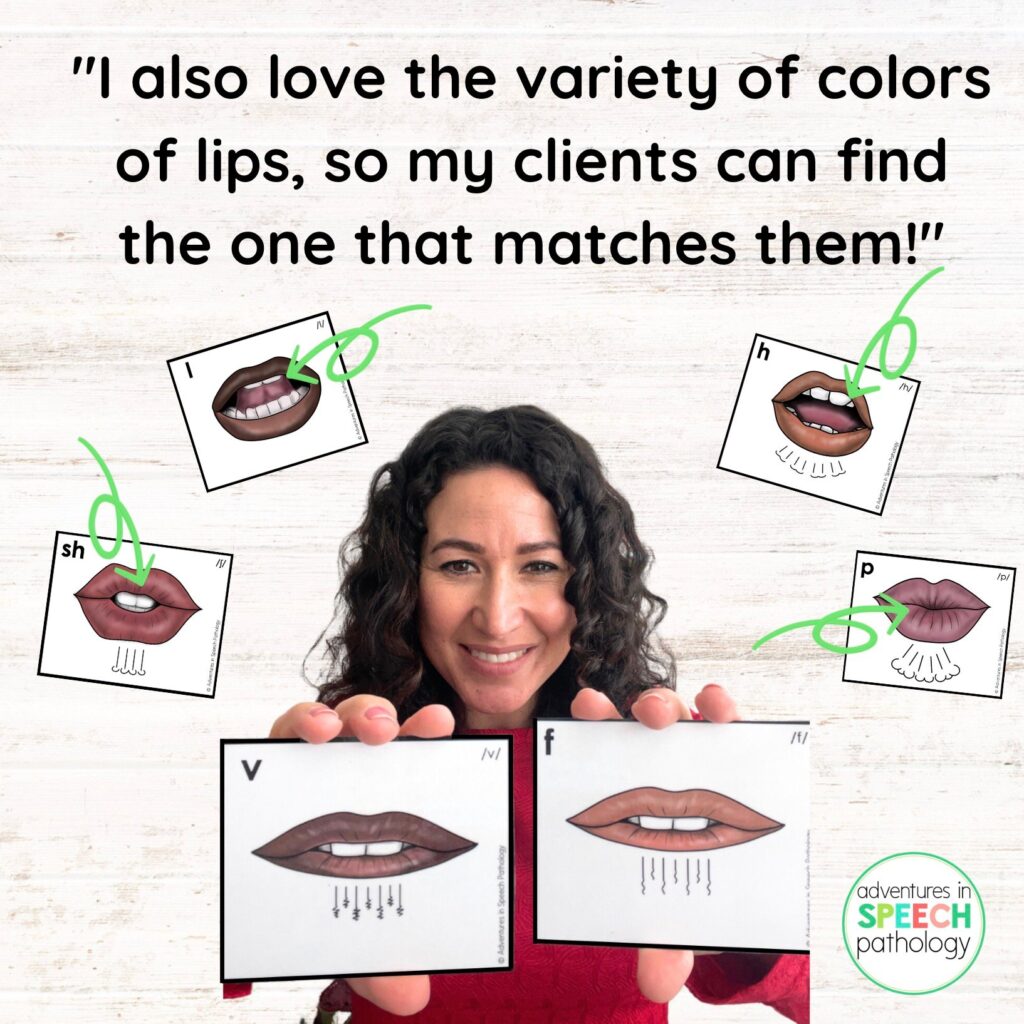 A woman with dark, curly hair smiles while holding two speech therapy cards