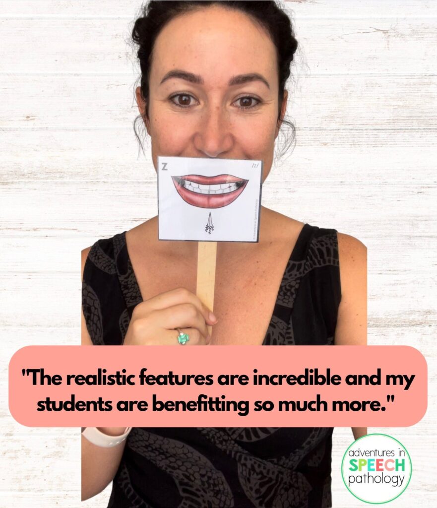 A person with dark hair held back holds a speech therapy prop of a smiling mouth over their own face, with a testimonial quote below it about the benefits of realistic features for students.