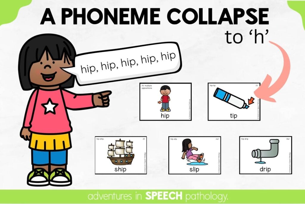 An educational graphic titled "A PHONEME COLLAPSE to ‘h’" shows a cartoon child pointing to a series of flashcards while repeating the word "hip."