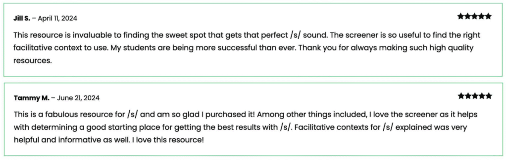 Two positive reviews for a speech therapy resource