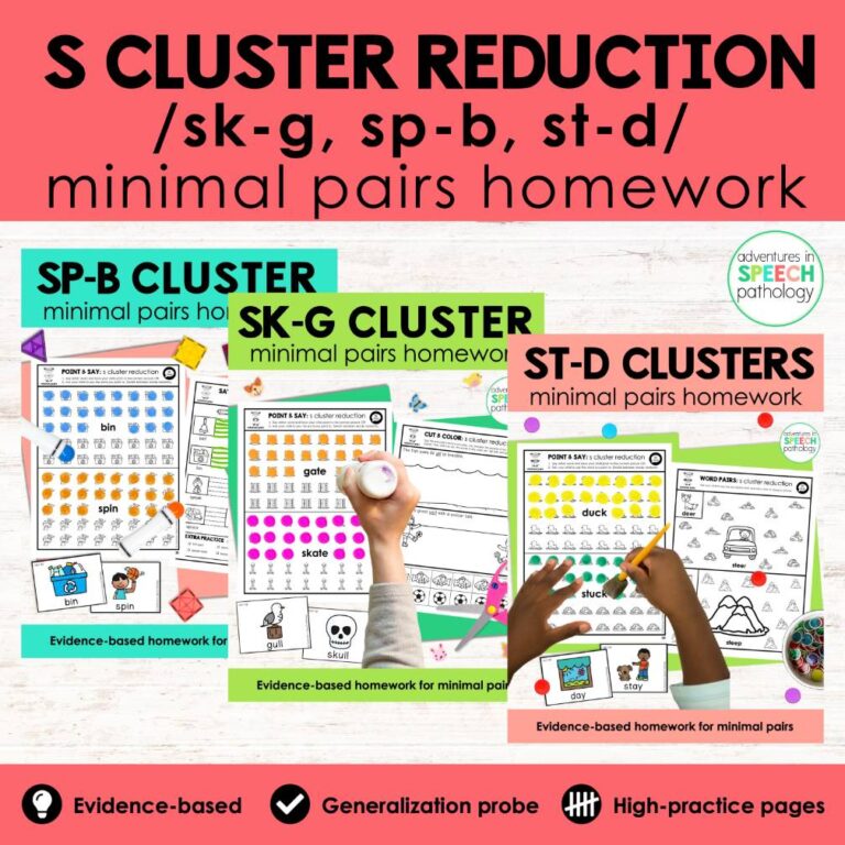S Blend Cluster Reduction Minimal Pairs Homework Bundle for SK-G, SP-B ...