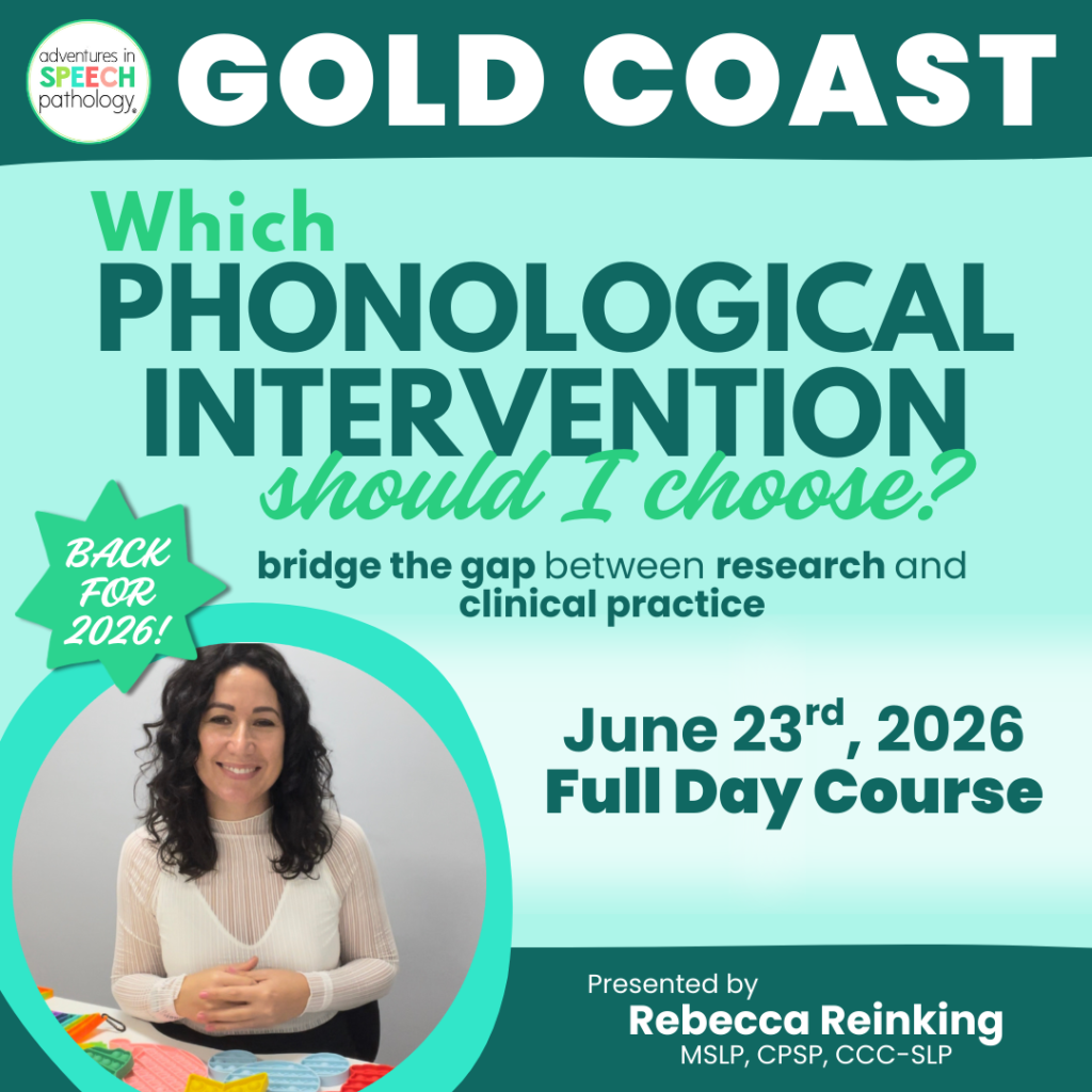 An event flyer for a full-day speech pathology course in the Gold Coast titled "Which PHONOLOGICAL INTERVENTION should I choose?"