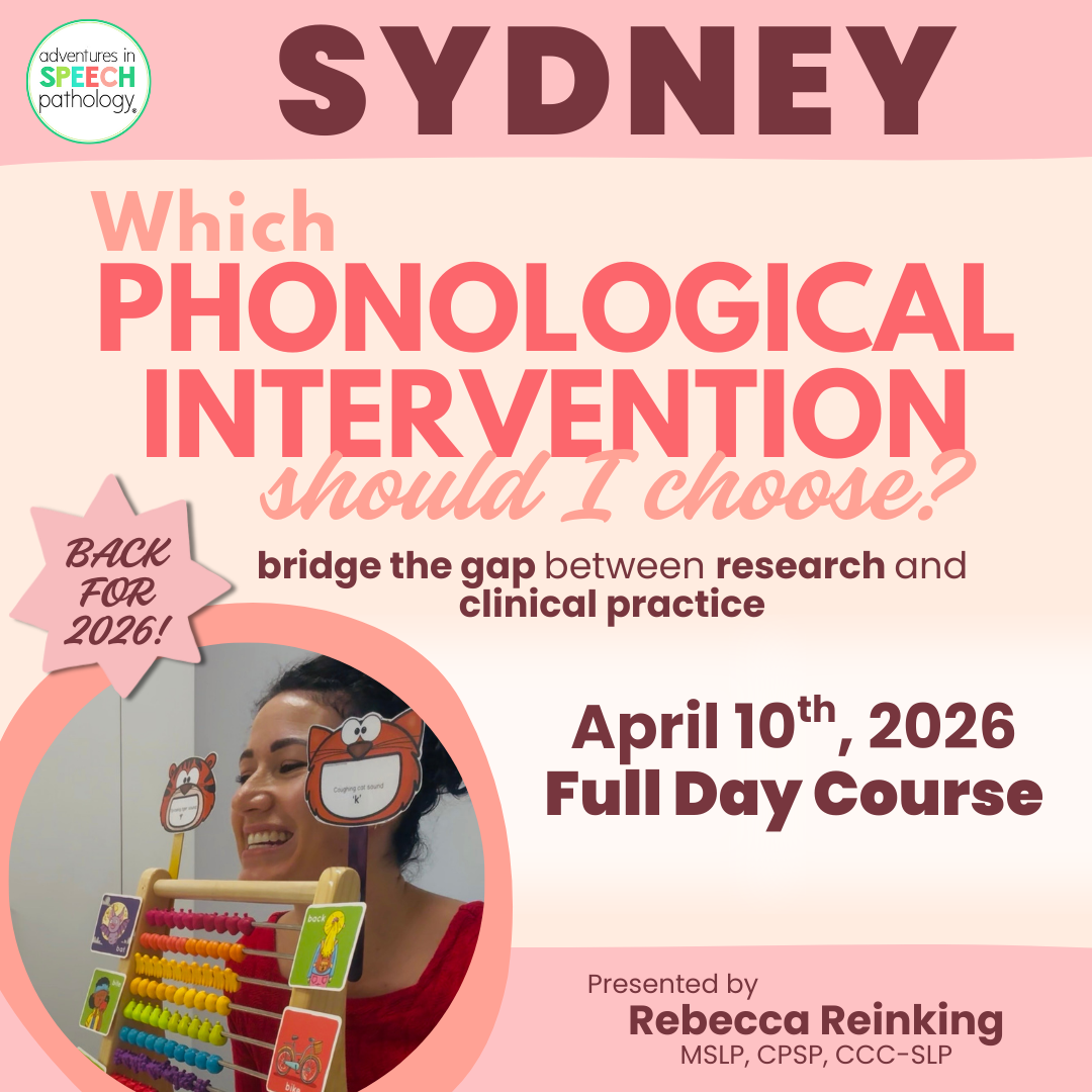 An event flyer for a full-day speech pathology course in the Sydney titled "Which PHONOLOGICAL INTERVENTION should I choose?"